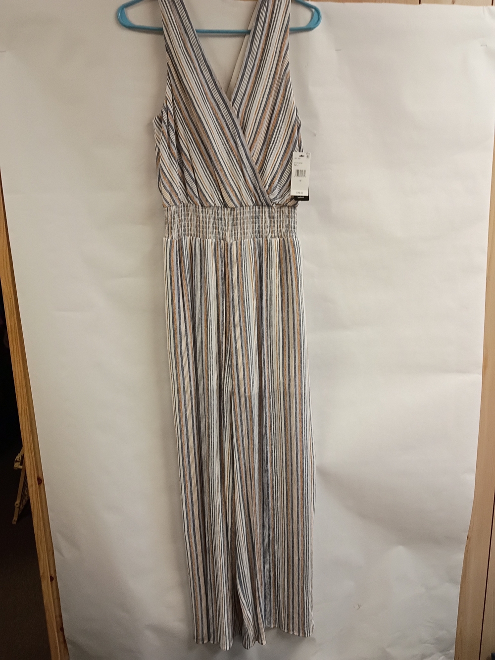 BCX Striped Surplice Vneck Jumpsuit in Blue, Cream & Tan